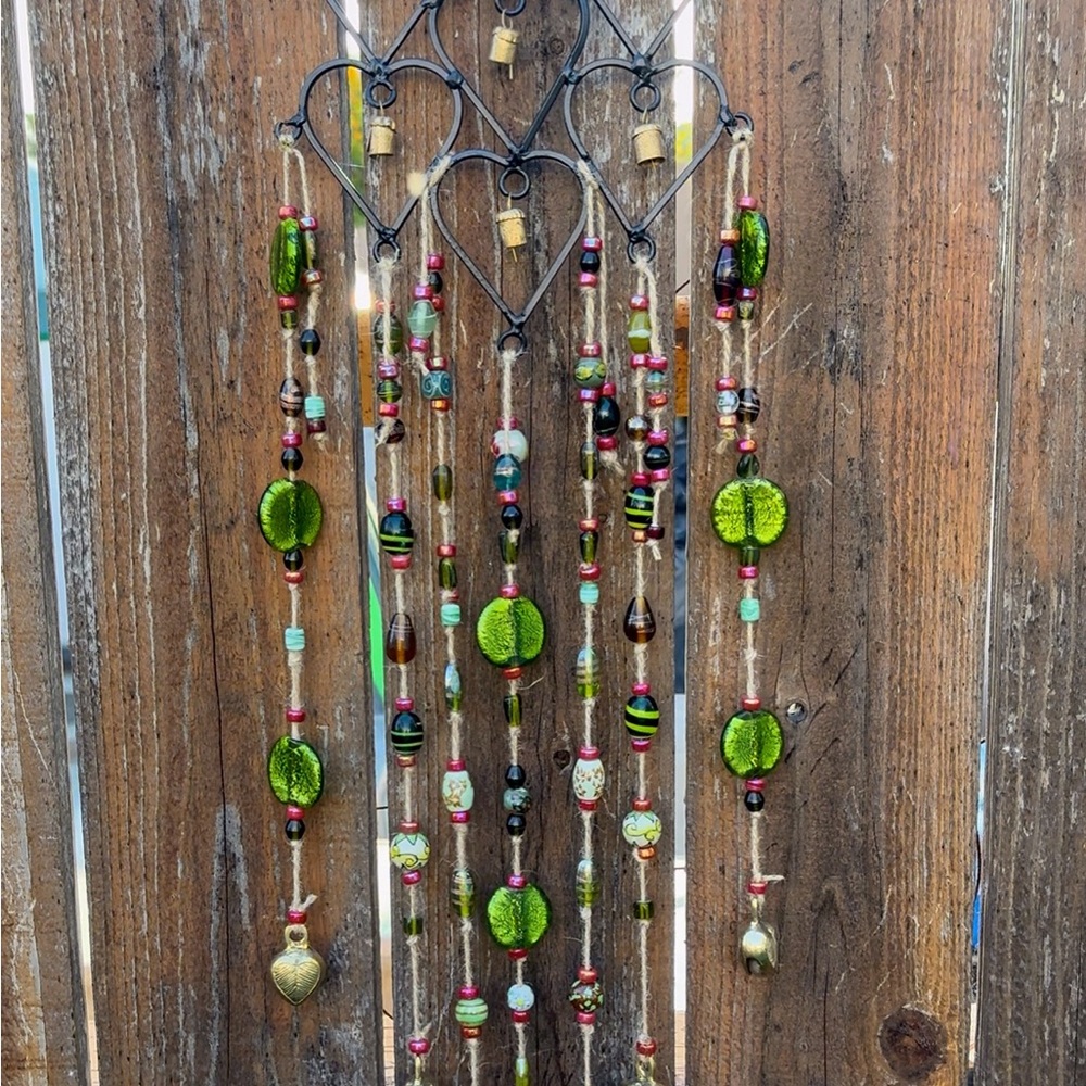 Diamond Wind Chime w/ Heart Bells & Green Glass Beads Handmade from Recyclables
